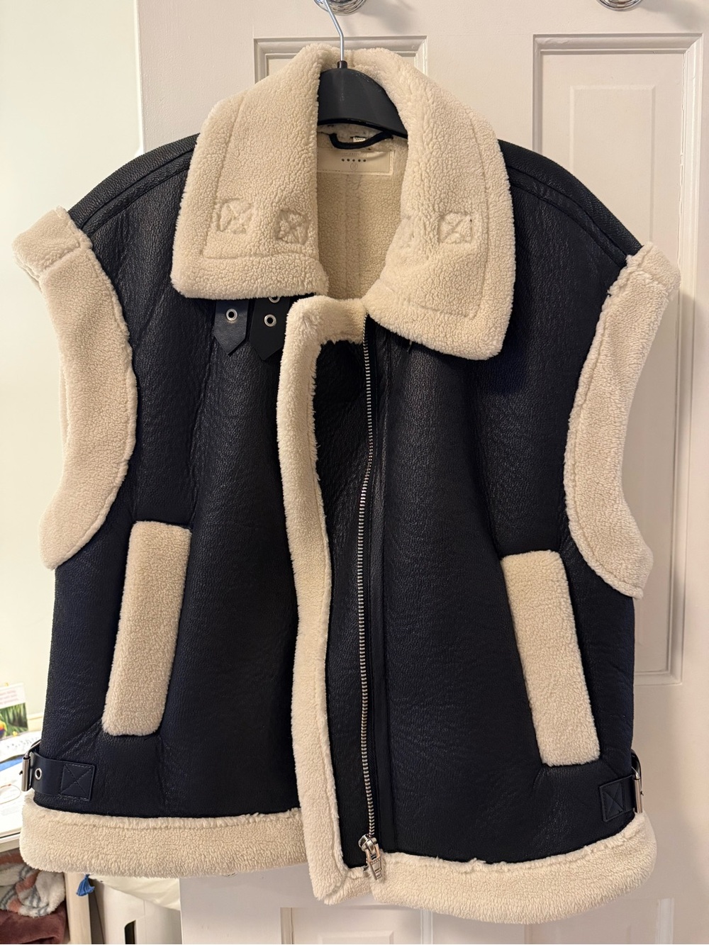 Blank NYC Black and Cream Sherpa-Lined Faux Leather Vest